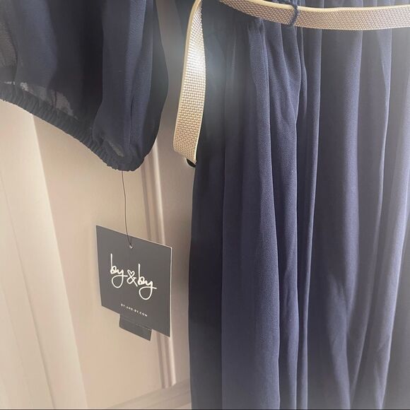 By & By Navy Fit & Flare Midi Dress with Gold Belt; SZ Large; BNWT - Picture 8 of 10